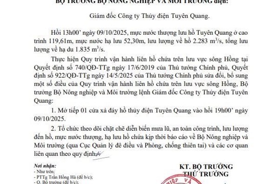Công điện số 7671/CĐ-BNNMT ngày 09/10/2025 của Bộ Nông nghiệp và Môi trường về việc mở cửa xả đáy hồ thủy điện Tuyên Quang