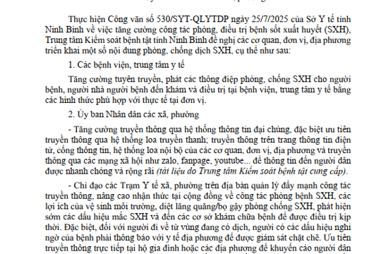 Công văn số 125/KSBT-TTGDSK ngày 30/7/2025 của Trung tâm kiểm soát bệnh tật, Sở Y tế tỉnh Ninh Bình  